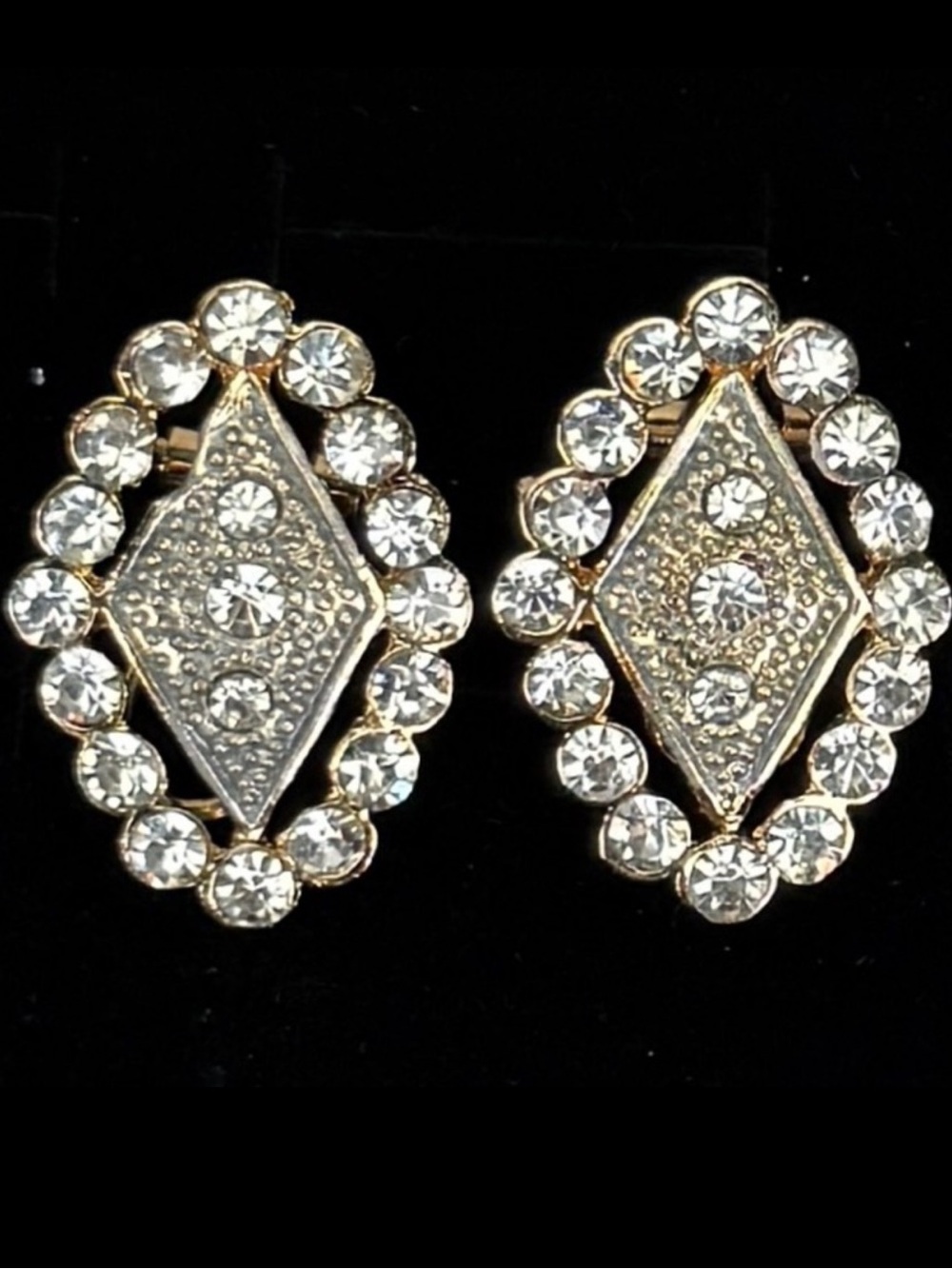 Vintage Clear Stone Geometric Pierced Clip Back Statement Earrings Gold Tone